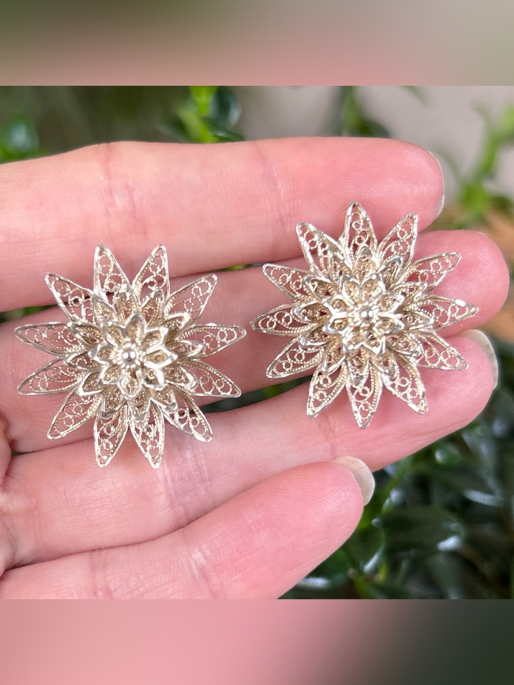 Vintage Sterling Silver Filigree Floral Statement Earrings